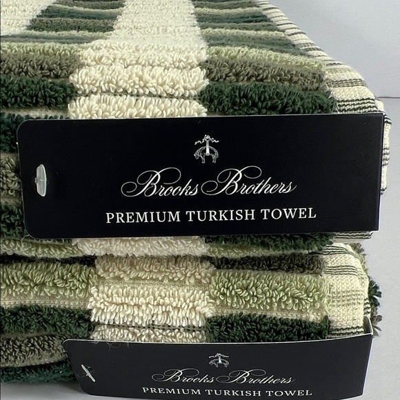 Brooks Brothers Turkish Bath Towel Set Green Tan Striped Cotton Luxury 2 Pc NEW - Picture 2 of 6